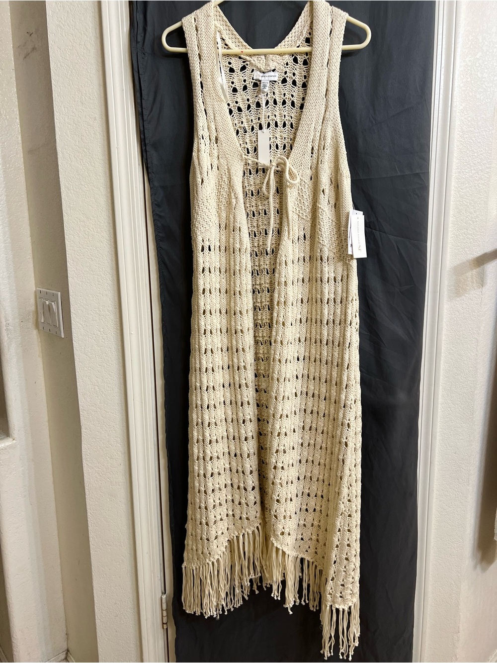 NWT Jessica Simpson Open-Knit Fringe Long Vest Sweater - Cream